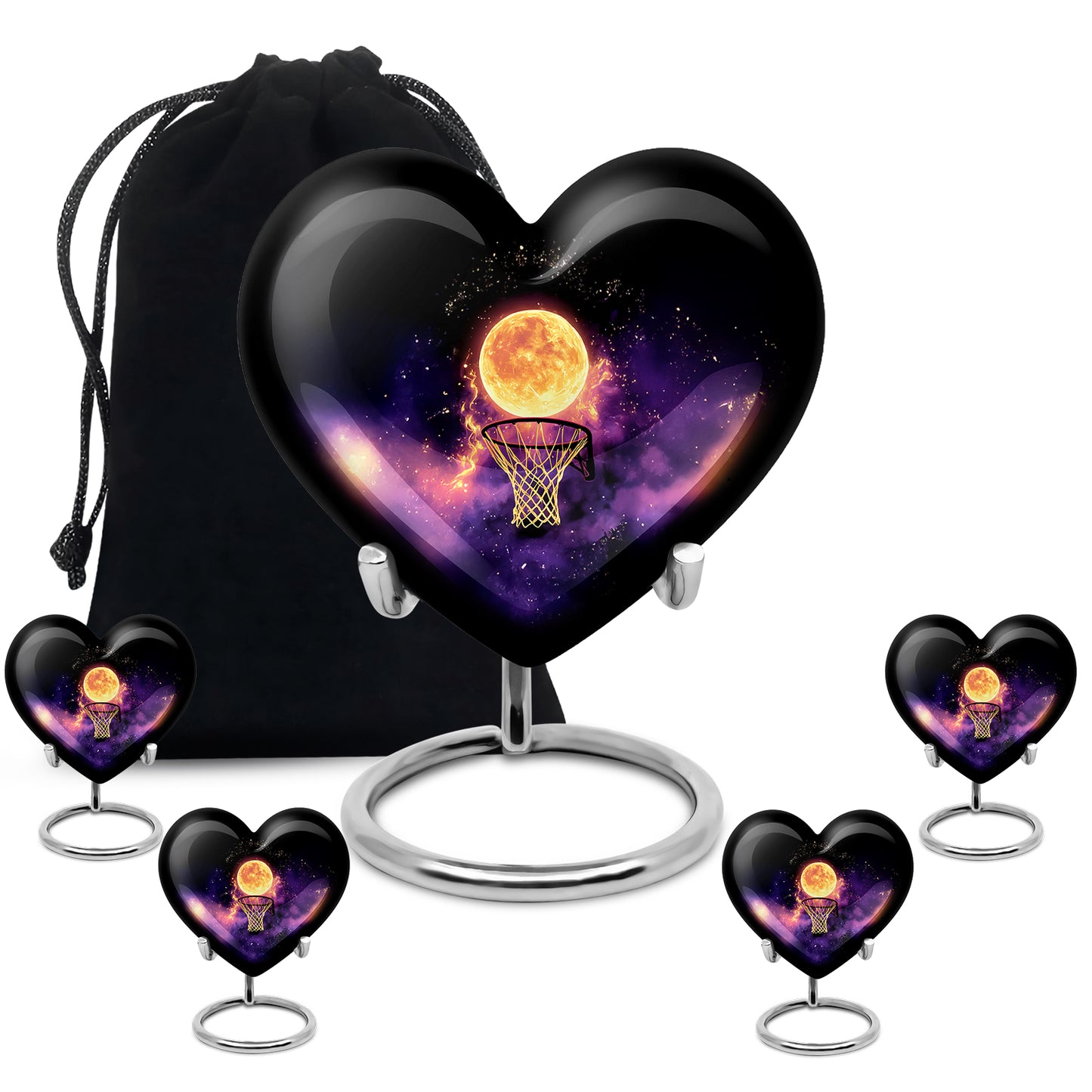 Onyx Black Basketball Cremation Urn close-up of engraving and surface detail - romantic heart urn with basketball motif on aluminum - memorial set with one large and four small urns