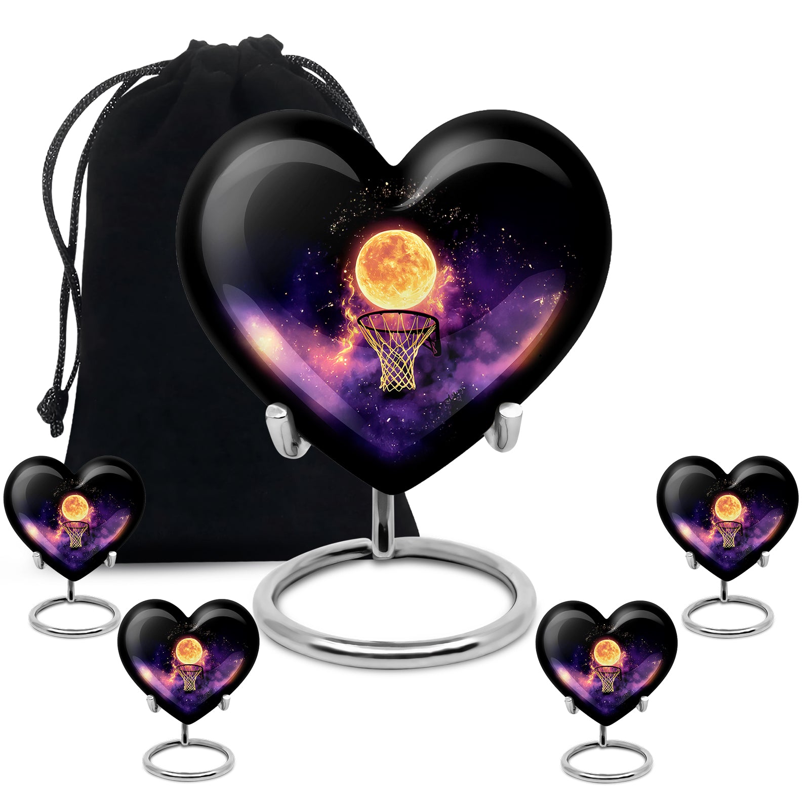 Onyx Black Basketball Cremation Urn close-up of engraving and surface detail - romantic heart urn with basketball motif on aluminum - memorial set with one large and four small urns