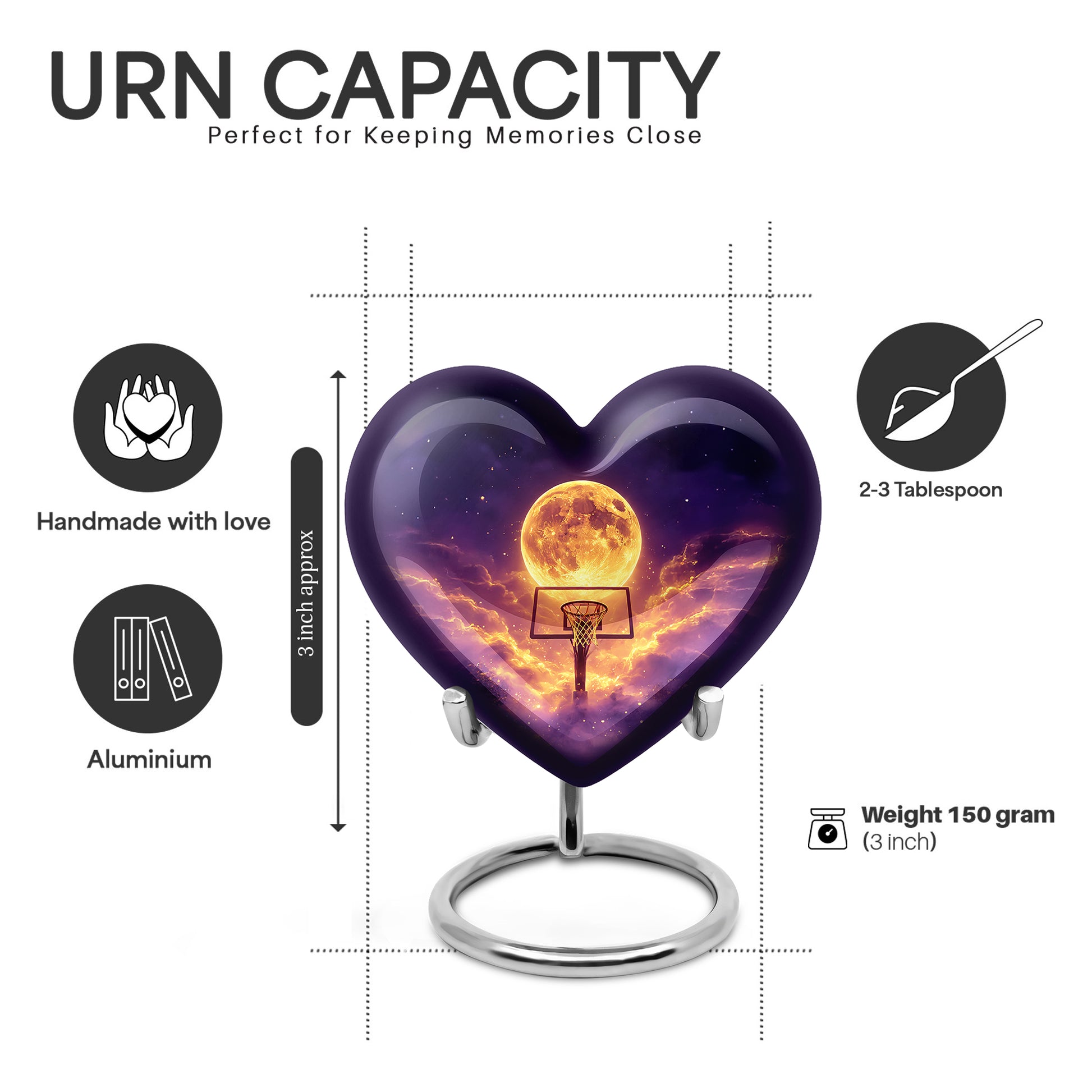 Steel Blue Basketball Cremation Urn front view showing detailed design - romantic heart urn with basketball motif on aluminum - mini keepsake memorial for portion of cremation ashes