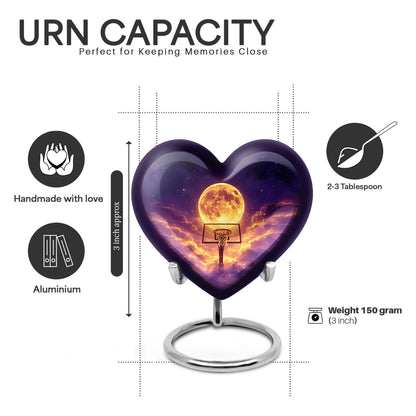 Steel Blue Basketball Cremation Urn front view showing detailed design - romantic heart urn with basketball motif on aluminum - mini keepsake memorial for portion of cremation ashes