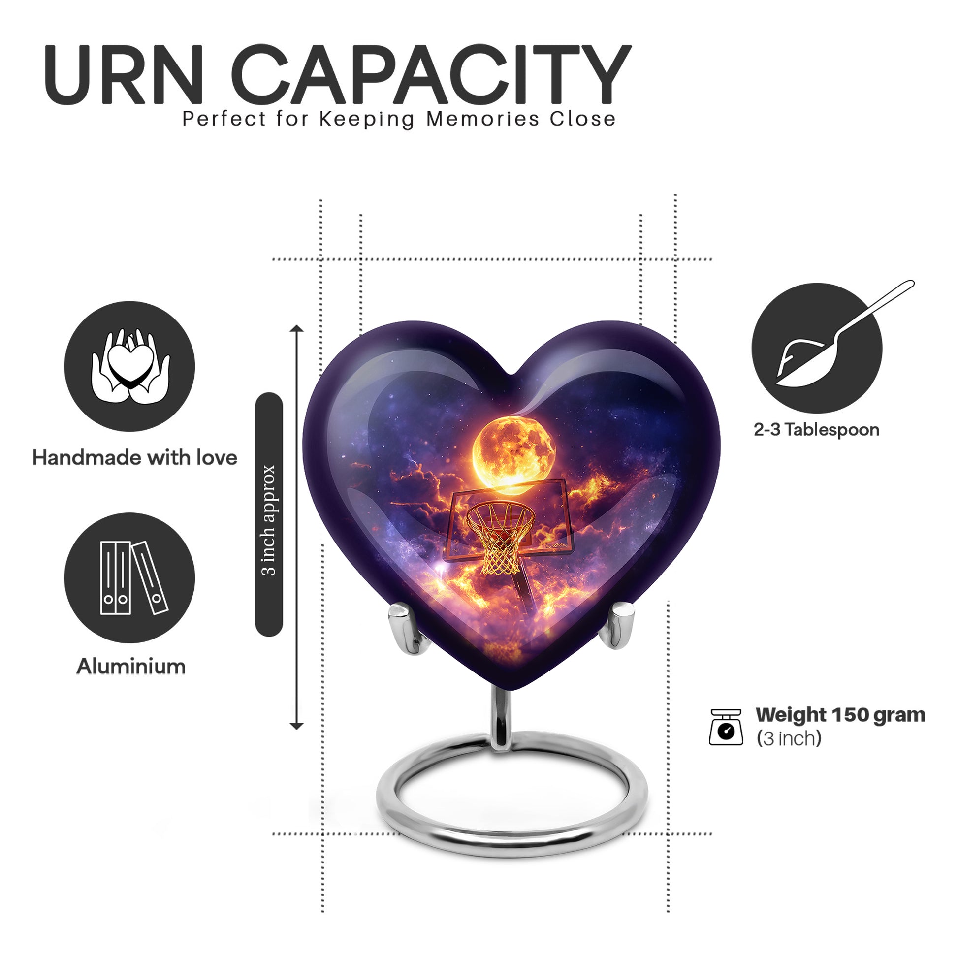 Sapphire Blue Basketball Cremation Urn front view showing detailed design - romantic heart urn with basketball motif on aluminum - mini keepsake memorial for portion of cremation ashes