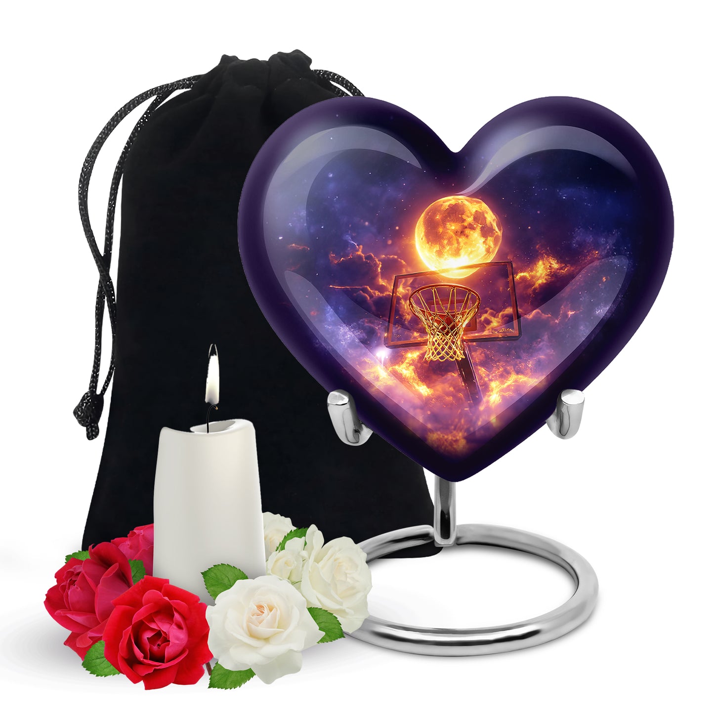 Sapphire Blue Basketball Cremation Urn detail view - romantic heart urn with basketball motif on aluminum - full-size 10 inch 200 cubic inch adult cremation urn