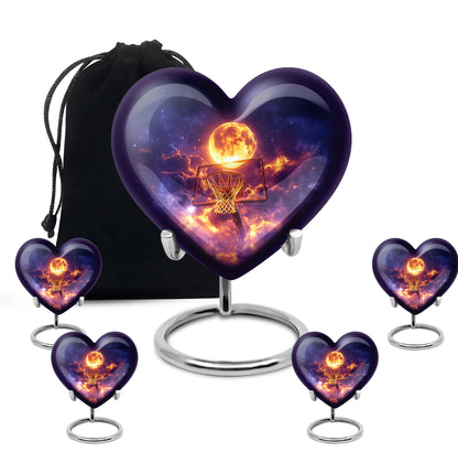 Powder Blue Basketball Cremation Urn close-up of engraving and surface detail - heart-shaped basketball design symbolizing eternal love - memorial set with one large and four small urns