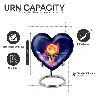 Bright Blue Basketball Cremation Urn front view showing detailed design - romantic heart urn with basketball motif on aluminum - mini keepsake memorial for portion of cremation ashes