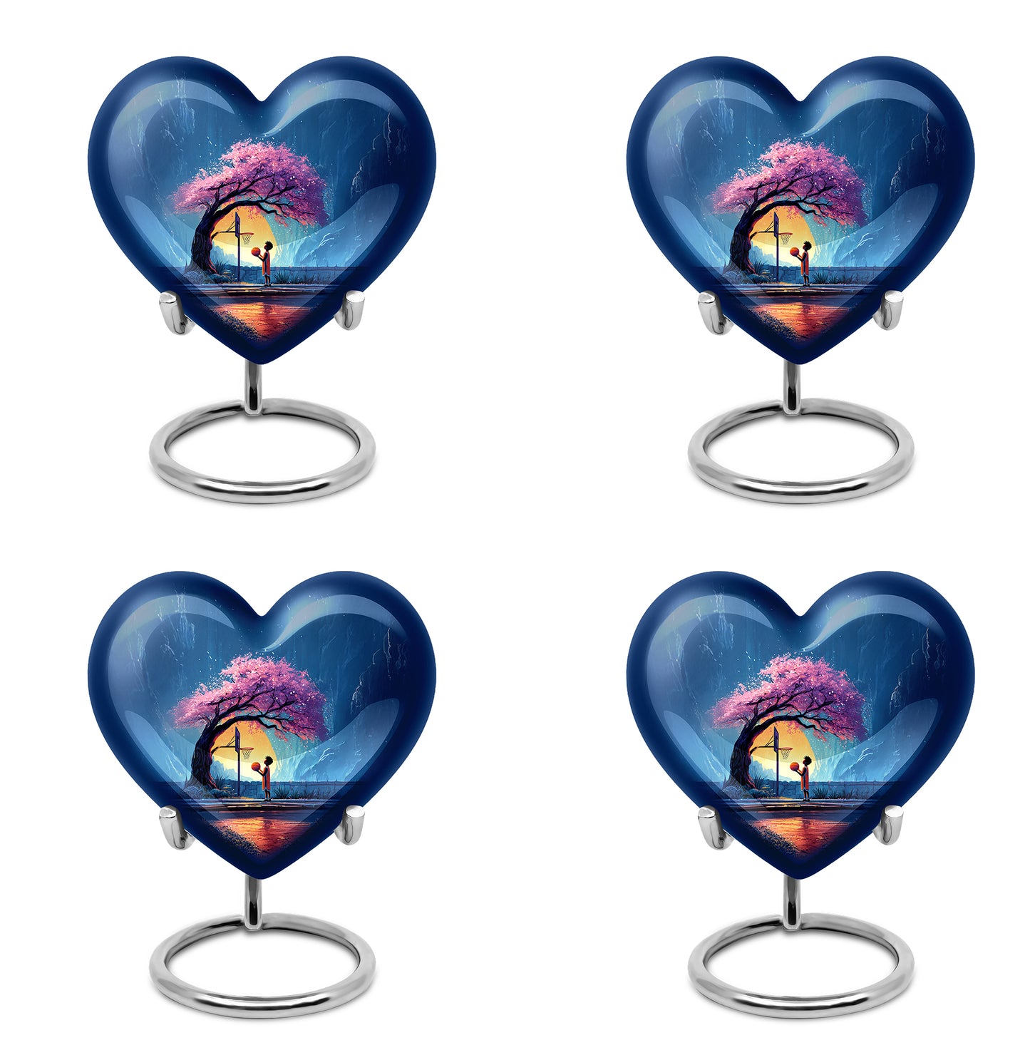 Slate Blue Basketball Cremation Urn angled view of lid and engraved motif - heart-shaped basketball design symbolizing eternal love - 10 inch aluminum urn for cremated remains