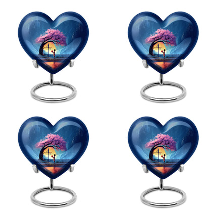 Slate Blue Basketball Cremation Urn angled view of lid and engraved motif - heart-shaped basketball design symbolizing eternal love - 10 inch aluminum urn for cremated remains