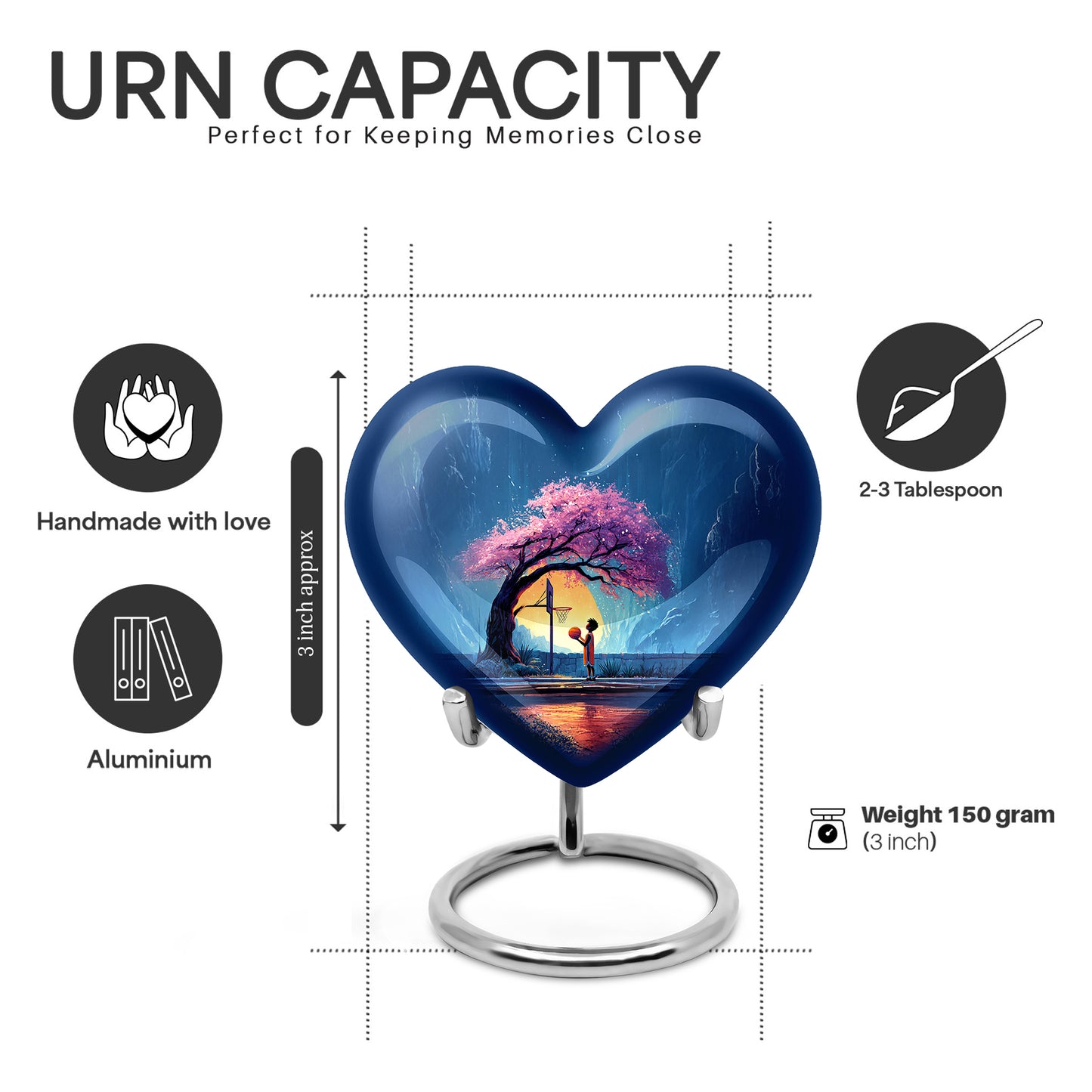 Calming Blue Basketball Cremation Urn front view showing detailed design - romantic heart urn with basketball motif on aluminum - mini keepsake memorial for portion of cremation ashes