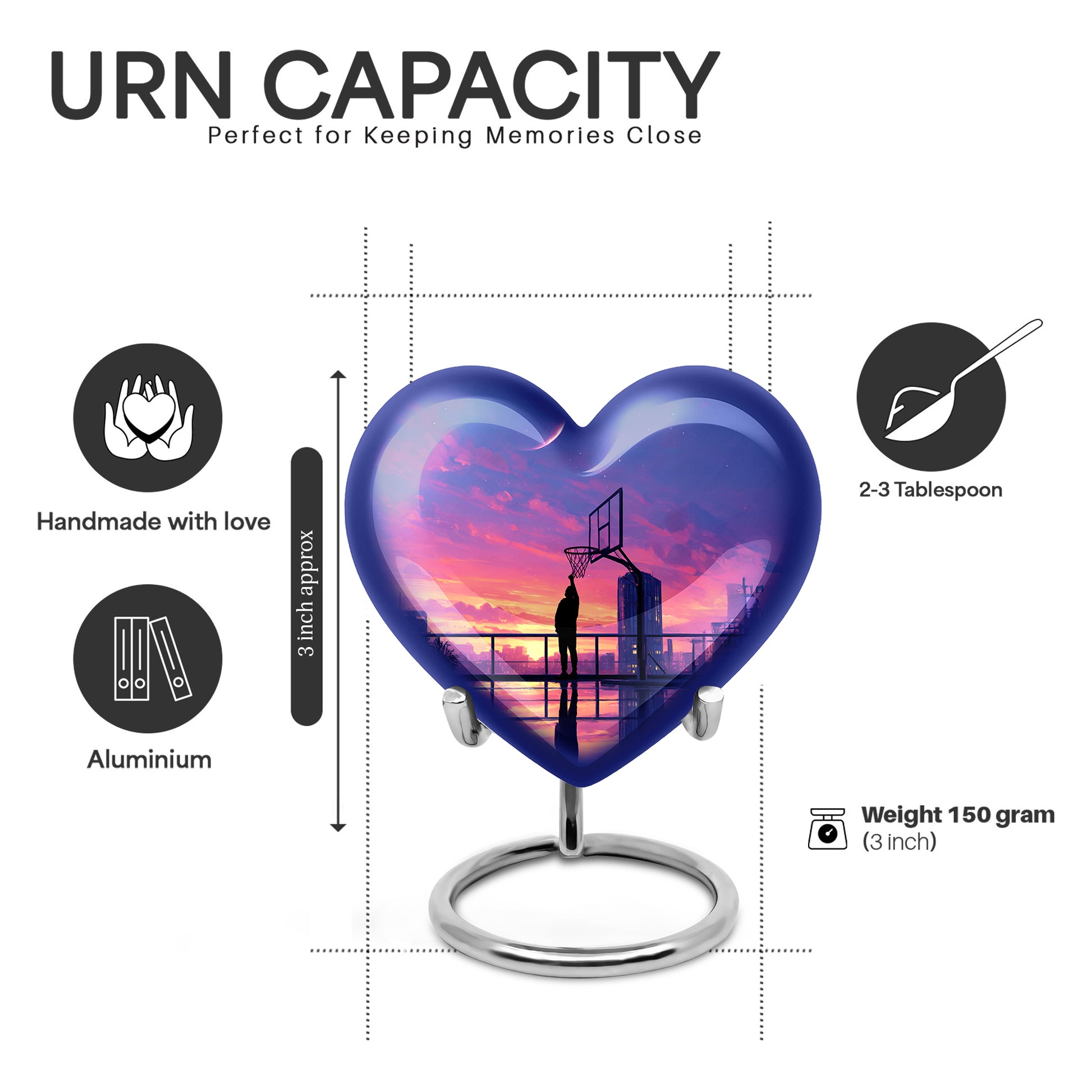 Pastel Blue Basketball Cremation Urn front view showing detailed design - loving heart memorial featuring basketball pattern - mini keepsake memorial for portion of cremation ashes