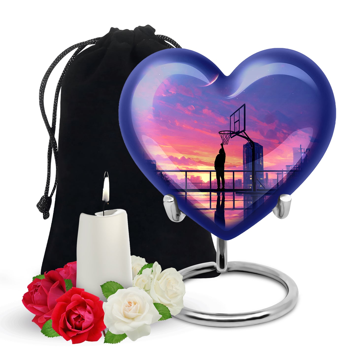 Pastel Blue Basketball Cremation Urn detail view - heart-shaped basketball design symbolizing eternal love - full-size 10 inch 200 cubic inch adult cremation urn