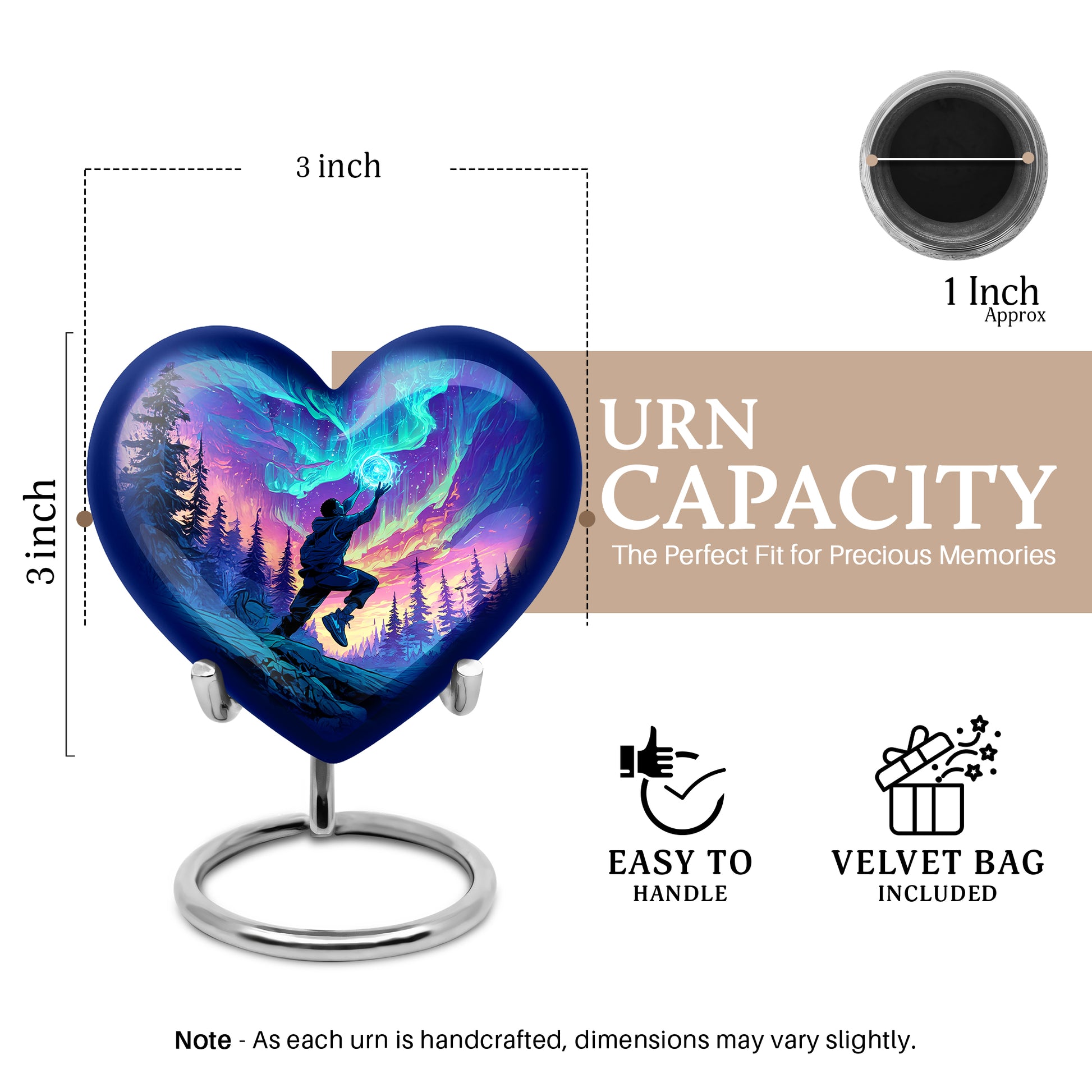 Serene Blue Basketball Cremation Urn front view showing detailed design - romantic heart urn with basketball motif on aluminum - mini keepsake memorial for portion of cremation ashes