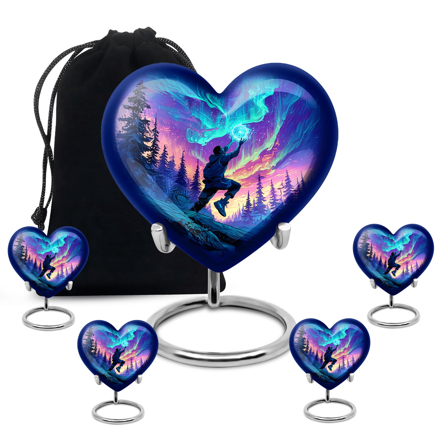 Misty Blue Basketball Cremation Urn close-up of engraving and surface detail - heart-shaped basketball design symbolizing eternal love - memorial set with one large and four small urns
