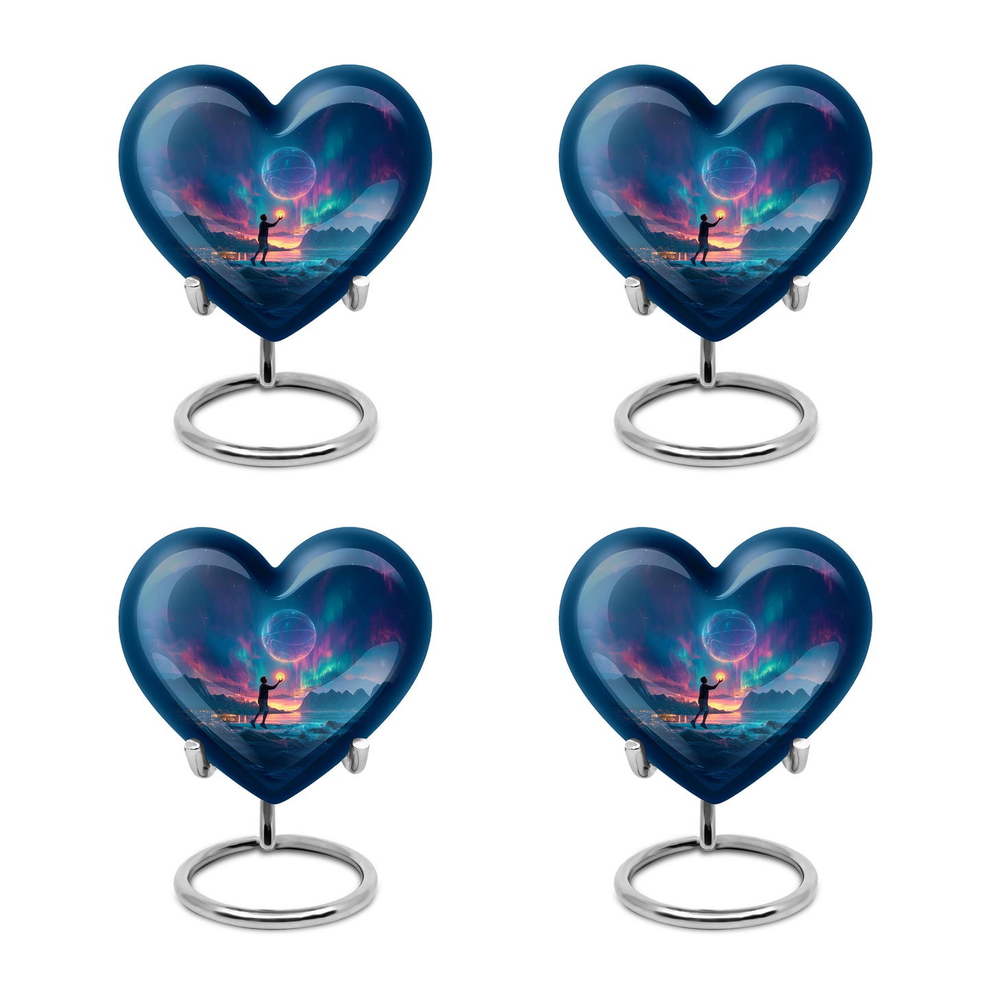 Navy Blue Basketball Cremation Urn angled view of lid and engraved motif - loving heart memorial featuring basketball pattern - 10 inch aluminum urn for cremated remains