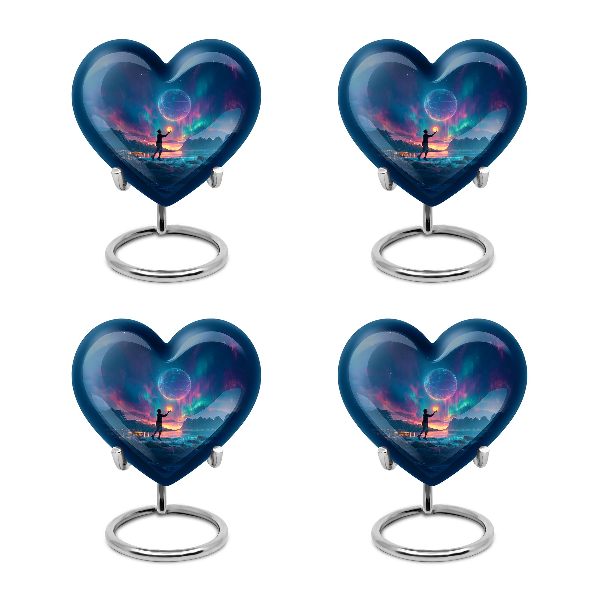 Navy Blue Basketball Cremation Urn angled view of lid and engraved motif - loving heart memorial featuring basketball pattern - 10 inch aluminum urn for cremated remains