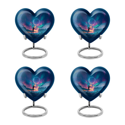 Navy Blue Basketball Cremation Urn angled view of lid and engraved motif - loving heart memorial featuring basketball pattern - 10 inch aluminum urn for cremated remains