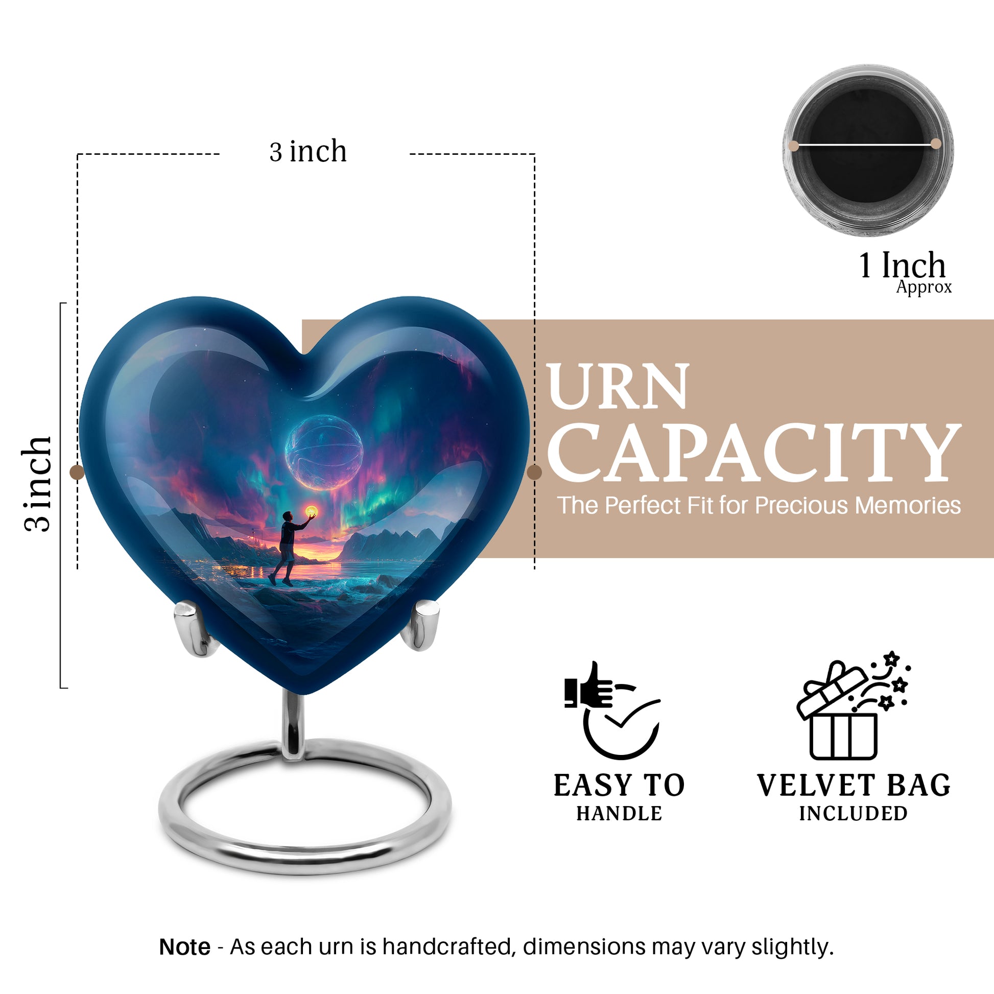 Sapphire Blue Basketball Cremation Urn front view showing detailed design - compassionate heart-basketball combination with gentle curves - mini keepsake memorial for portion of cremation ashes