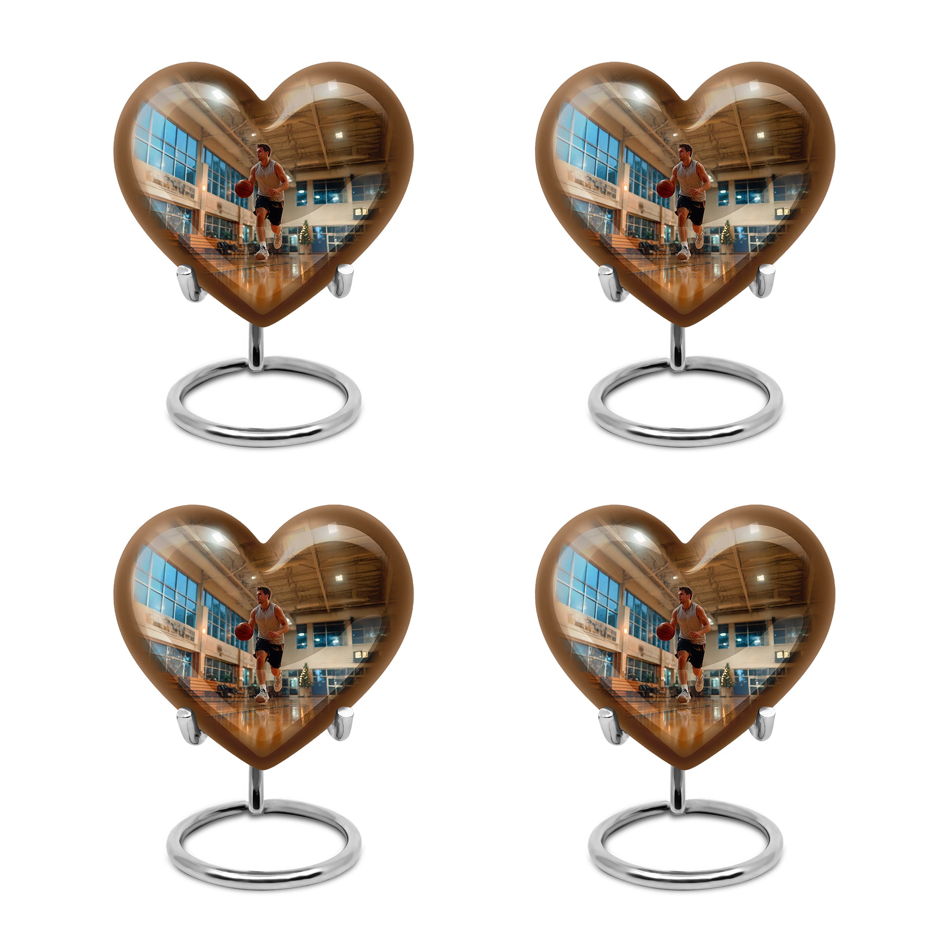 Matte Gold Basketball Cremation Urn angled view of lid and engraved motif - romantic heart urn with basketball motif on aluminum - 10 inch aluminum urn for cremated remains