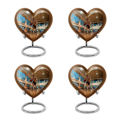 Matte Gold Basketball Cremation Urn angled view of lid and engraved motif - romantic heart urn with basketball motif on aluminum - 10 inch aluminum urn for cremated remains