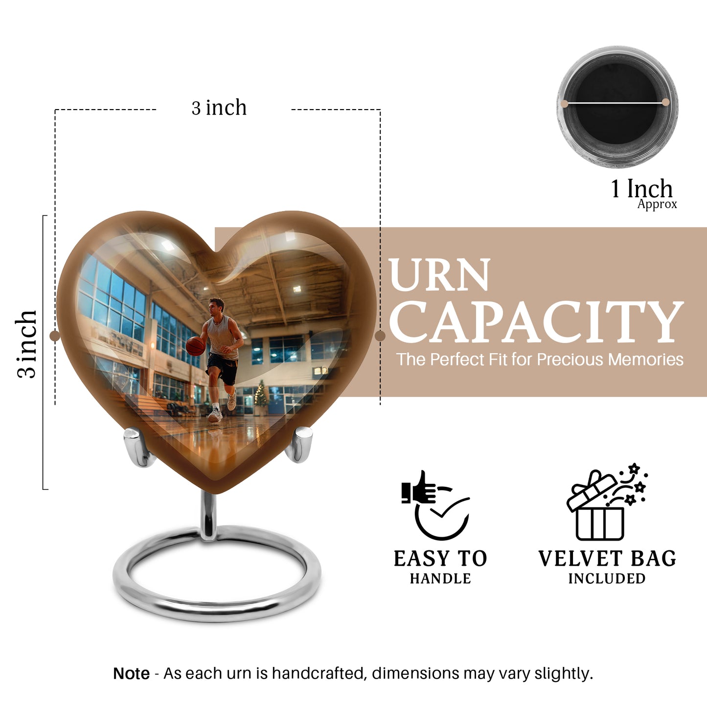 Harvest Gold Basketball Cremation Urn front view showing detailed design - compassionate heart-basketball combination with gentle curves - mini keepsake memorial for portion of cremation ashes