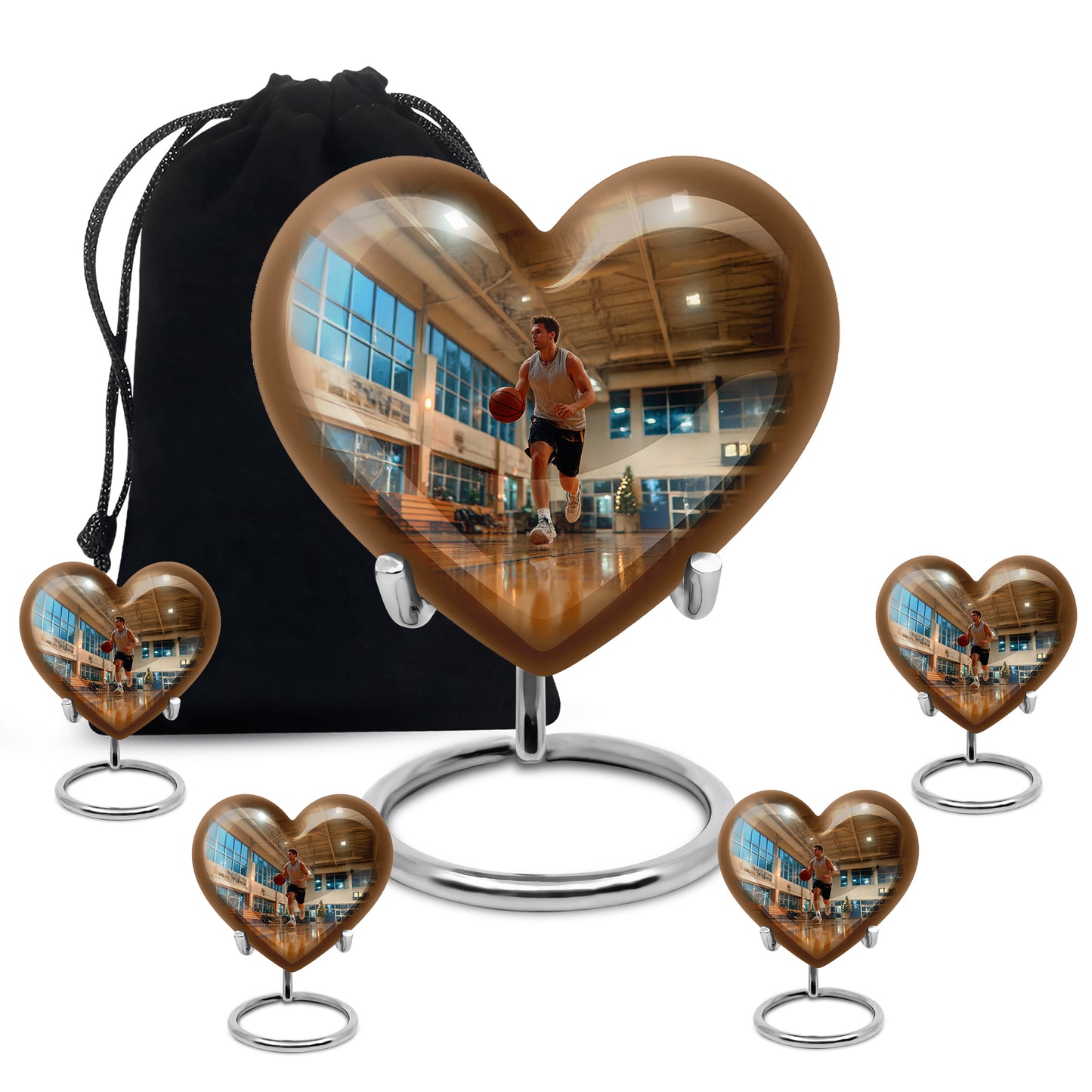 Burnished Gold Basketball Cremation Urn close-up of engraving and surface detail - romantic heart urn with basketball motif on aluminum - memorial set with one large and four small urns
