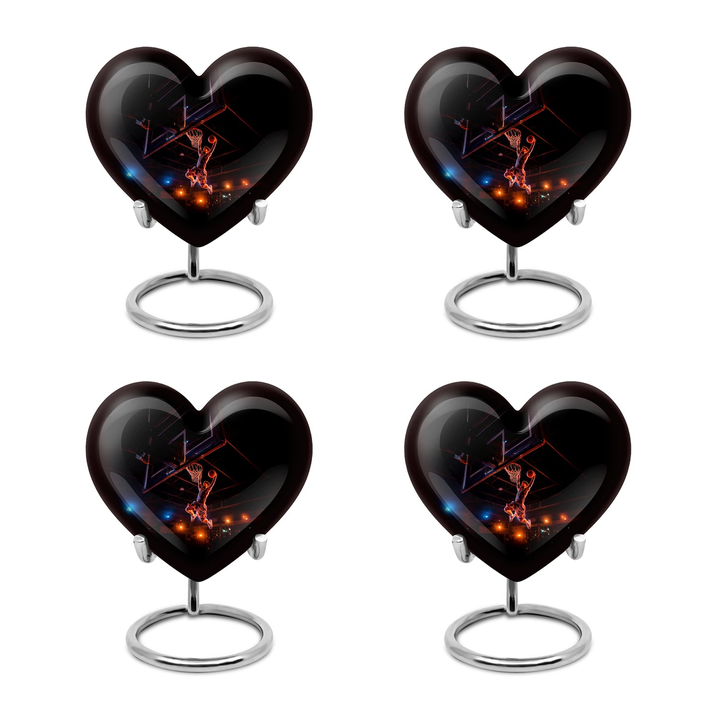 Ebony Basketball Cremation Urn angled view of lid and engraved motif - loving heart memorial featuring basketball pattern - 10 inch aluminum urn for cremated remains