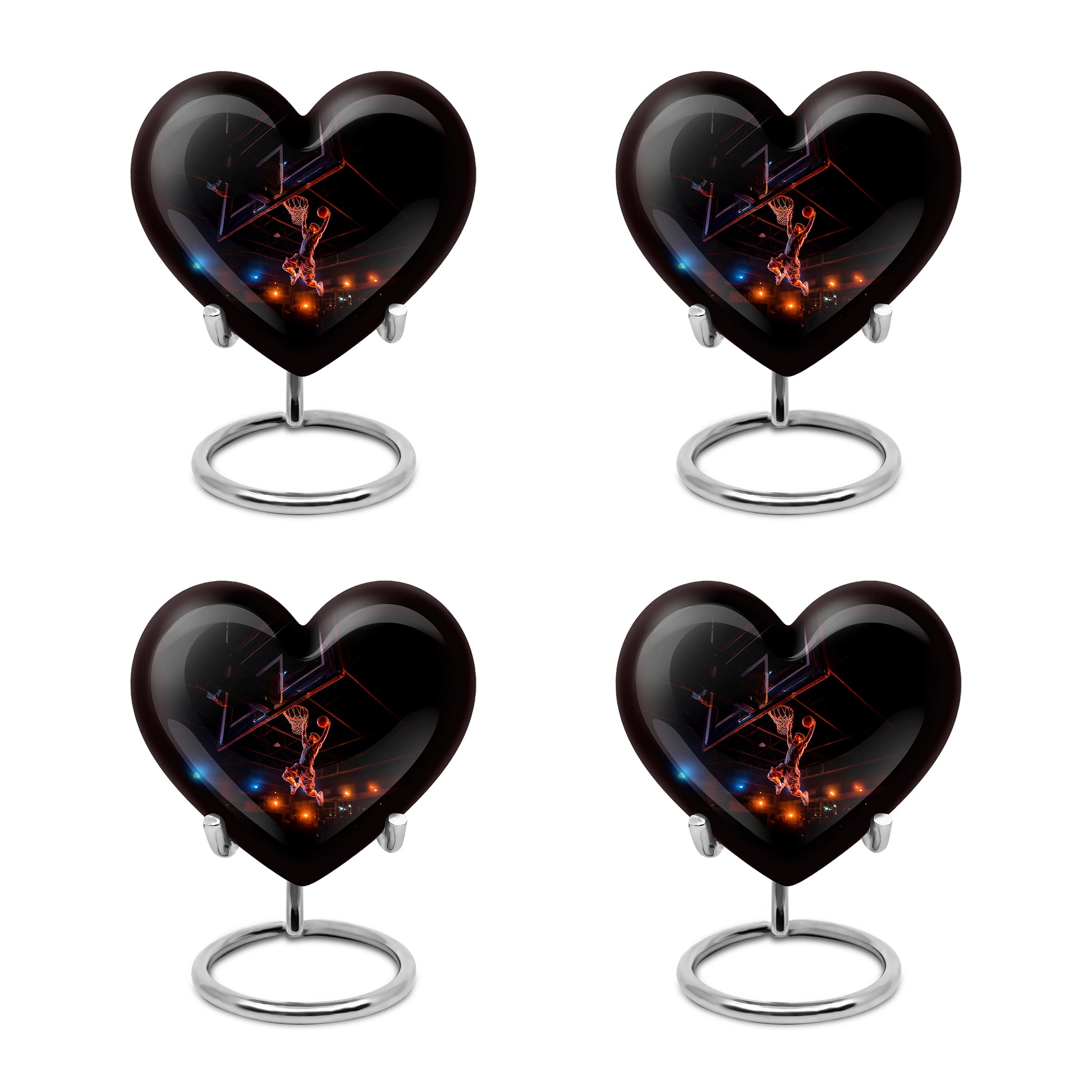 Ebony Basketball Cremation Urn angled view of lid and engraved motif - loving heart memorial featuring basketball pattern - 10 inch aluminum urn for cremated remains