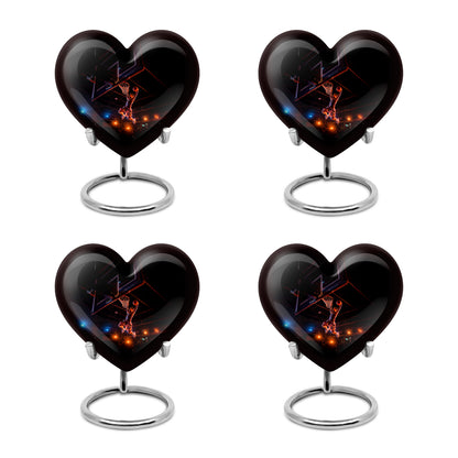 Ebony Basketball Cremation Urn angled view of lid and engraved motif - loving heart memorial featuring basketball pattern - 10 inch aluminum urn for cremated remains