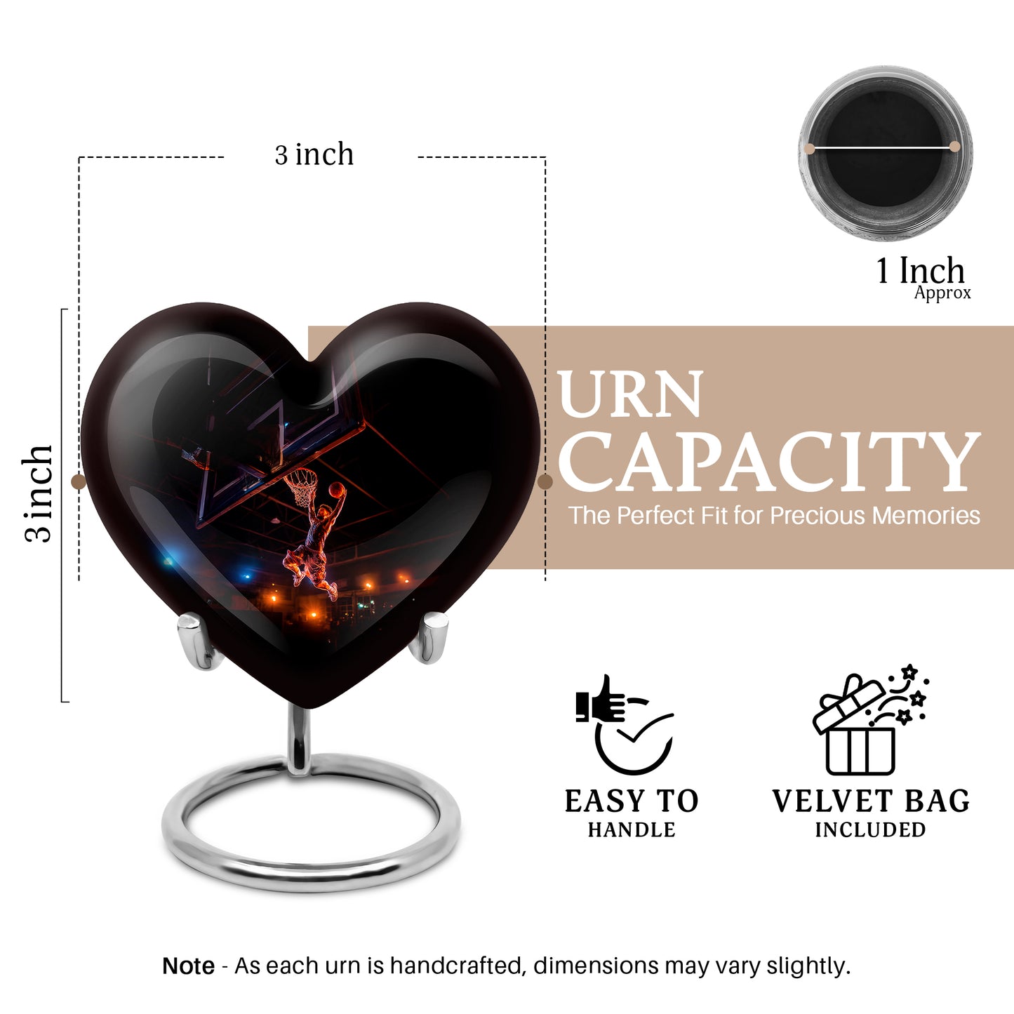 Onyx Black Basketball Cremation Urn front view showing detailed design - romantic heart urn with basketball motif on aluminum - mini keepsake memorial for portion of cremation ashes