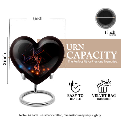 Onyx Black Basketball Cremation Urn front view showing detailed design - romantic heart urn with basketball motif on aluminum - mini keepsake memorial for portion of cremation ashes
