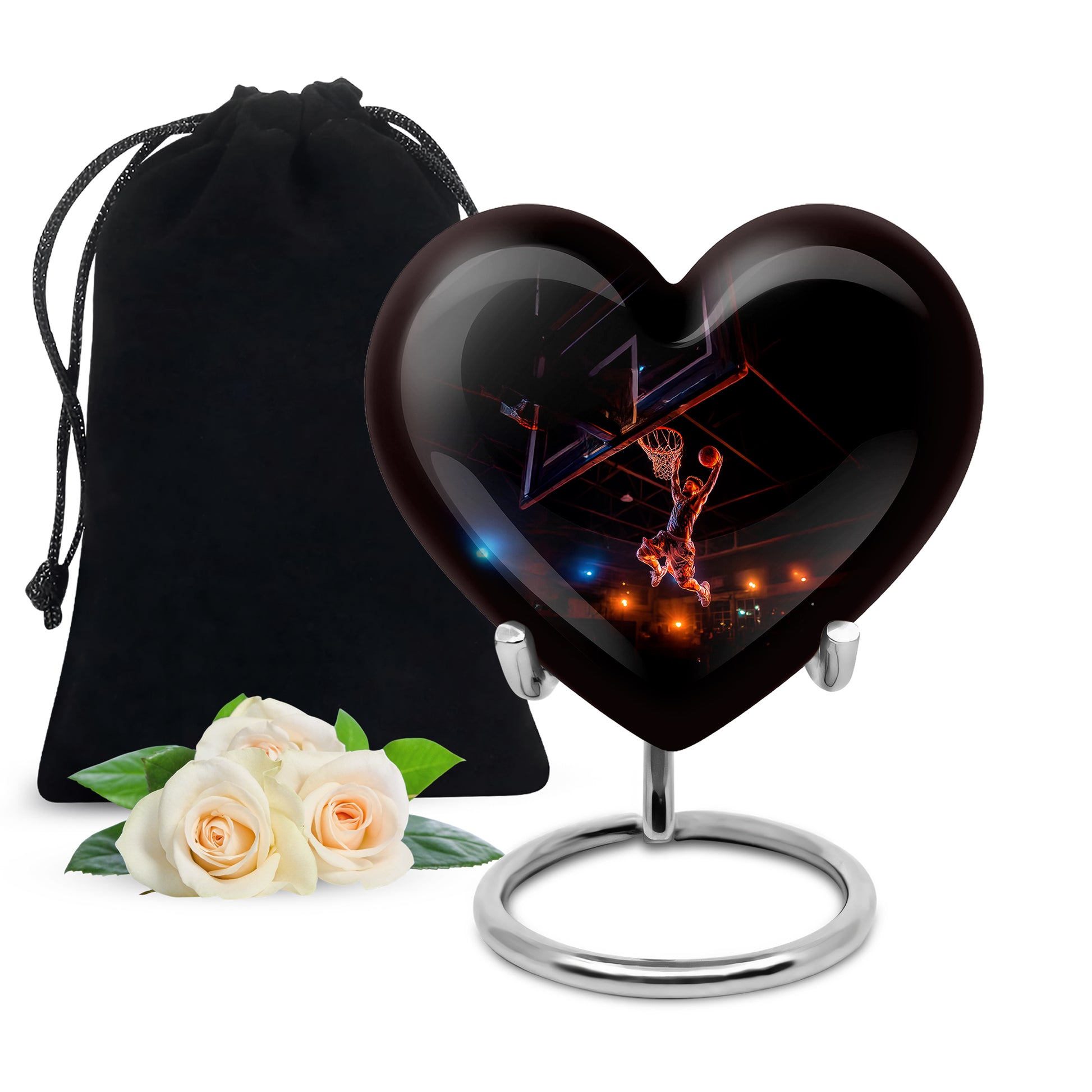 Rich Black Basketball Cremation Urn detail view - heart-shaped basketball design symbolizing eternal love - full-size 10 inch 200 cubic inch adult cremation urn