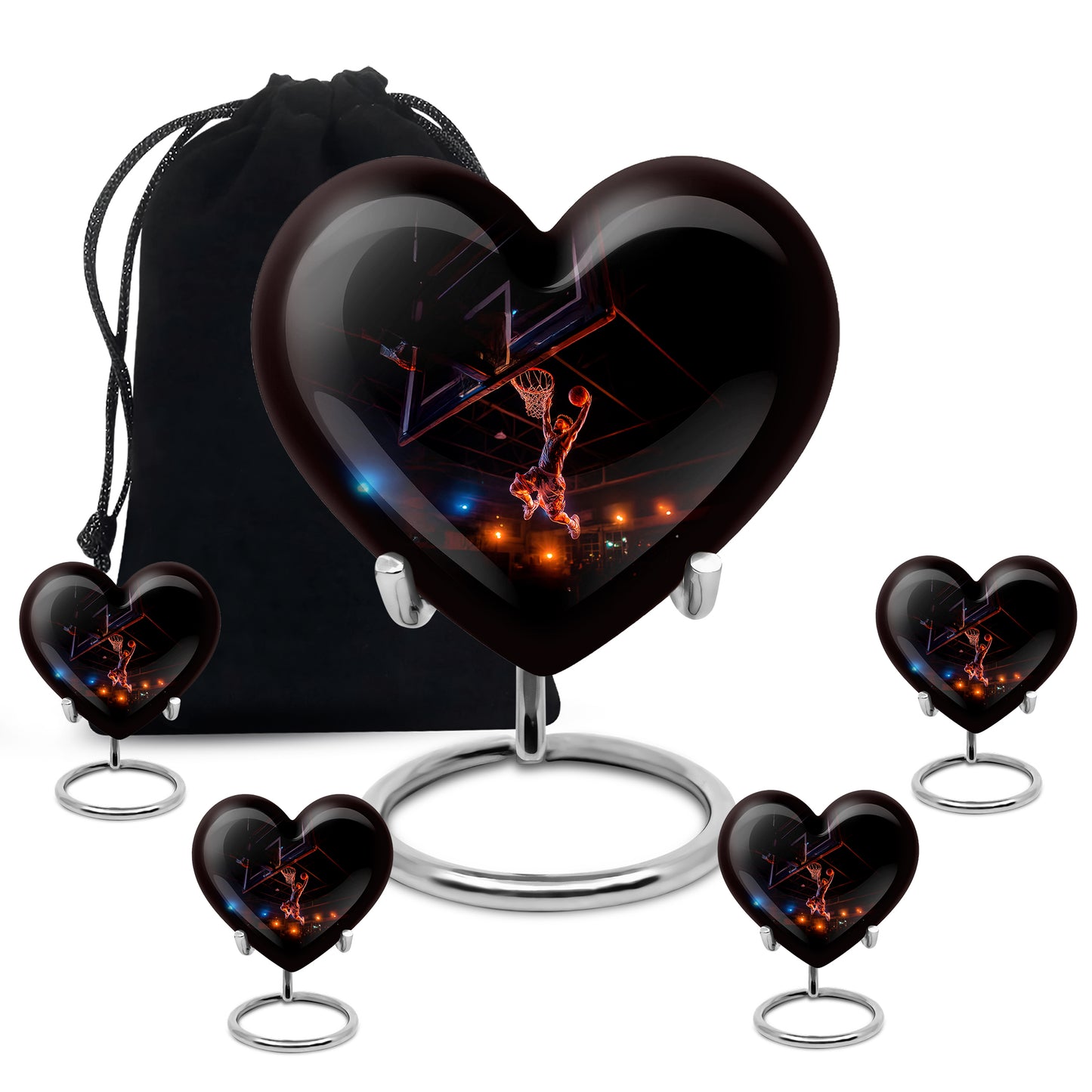Charcoal Black Basketball Cremation Urn close-up of engraving and surface detail - romantic heart urn with basketball motif on aluminum - memorial set with one large and four small urns