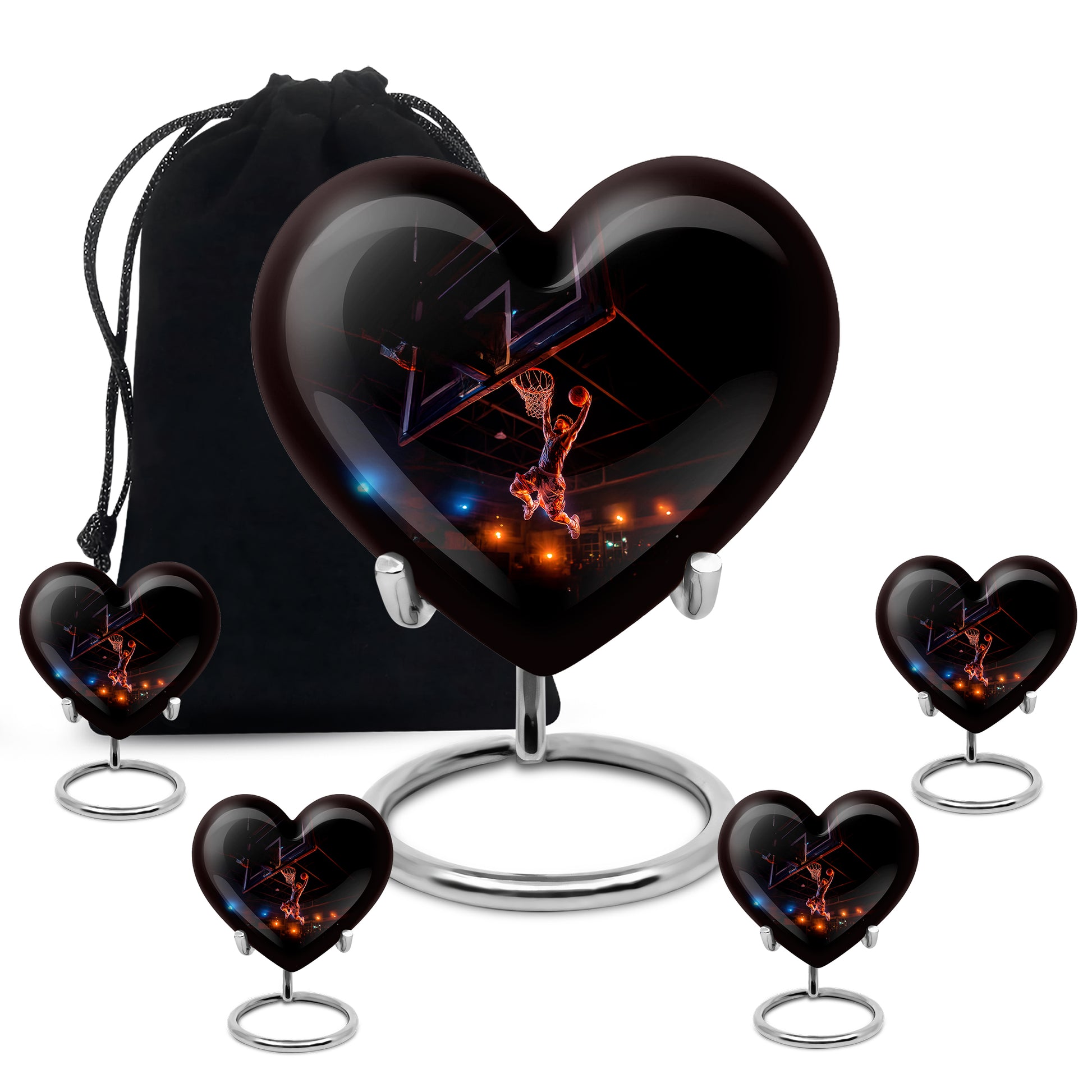 Charcoal Black Basketball Cremation Urn close-up of engraving and surface detail - romantic heart urn with basketball motif on aluminum - memorial set with one large and four small urns