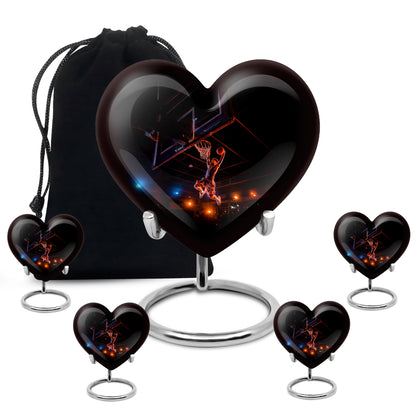 Charcoal Black Basketball Cremation Urn close-up of engraving and surface detail - romantic heart urn with basketball motif on aluminum - memorial set with one large and four small urns