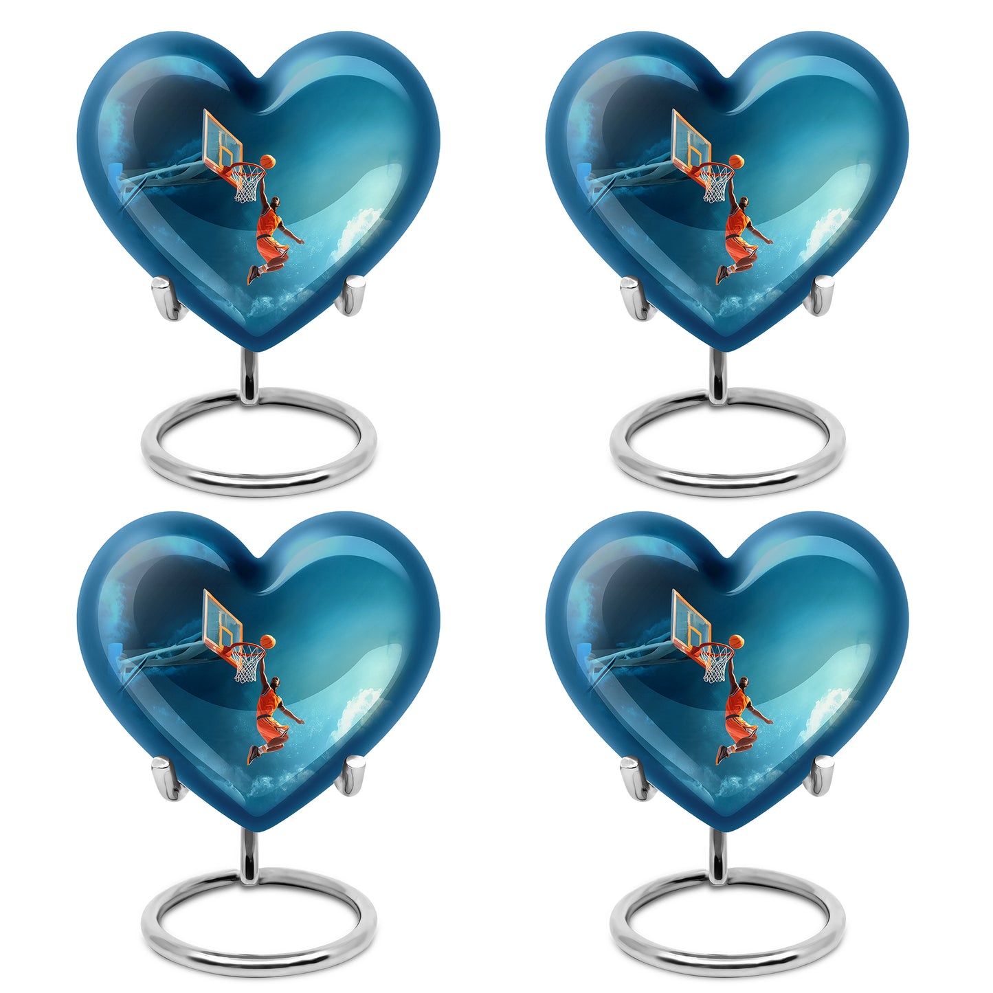Azure Basketball Cremation Urn angled view of lid and engraved motif - heart-shaped basketball design symbolizing eternal love - 10 inch aluminum urn for cremated remains