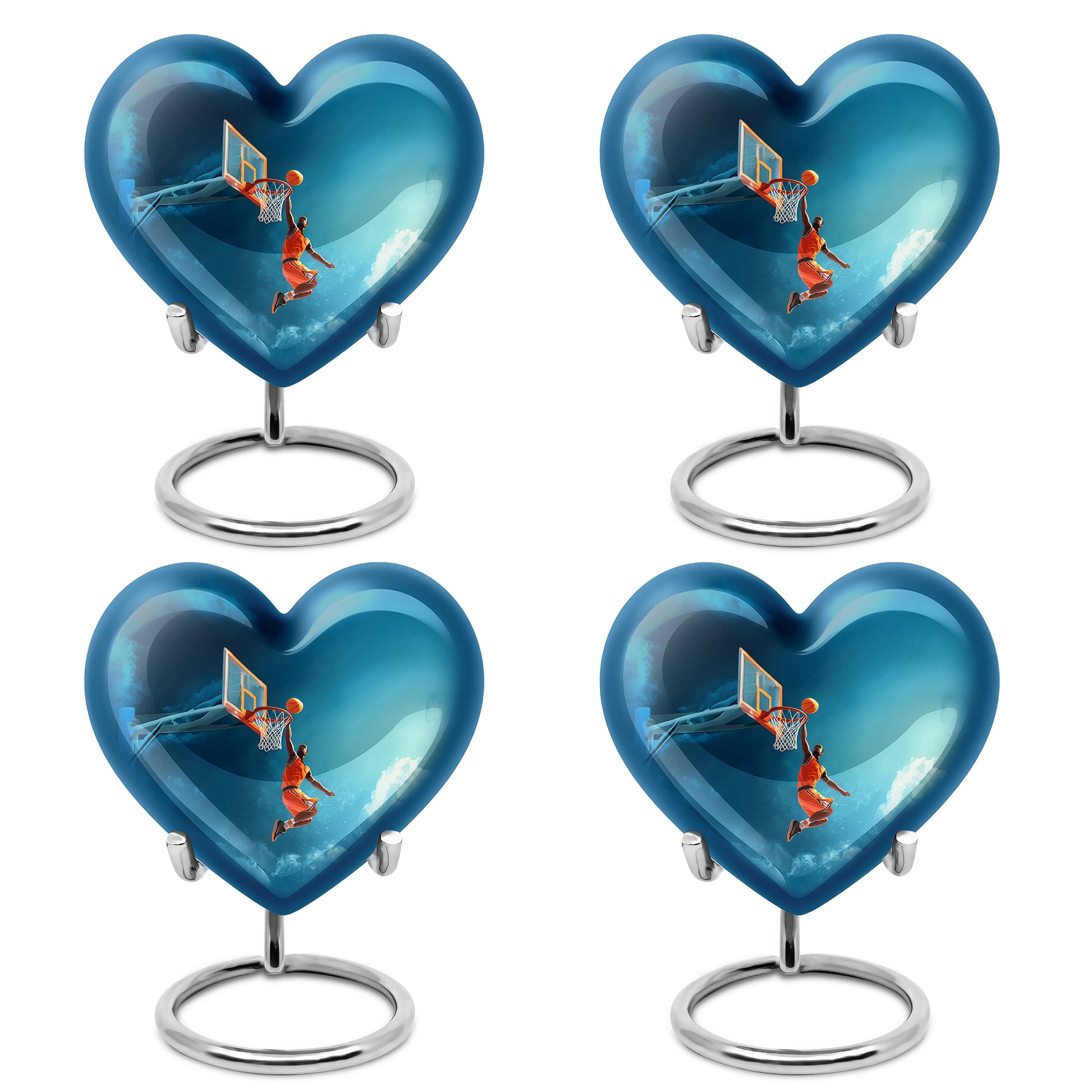 Azure Basketball Cremation Urn angled view of lid and engraved motif - heart-shaped basketball design symbolizing eternal love - 10 inch aluminum urn for cremated remains