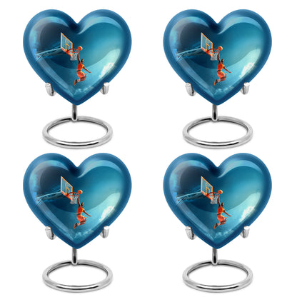 Azure Basketball Cremation Urn angled view of lid and engraved motif - heart-shaped basketball design symbolizing eternal love - 10 inch aluminum urn for cremated remains