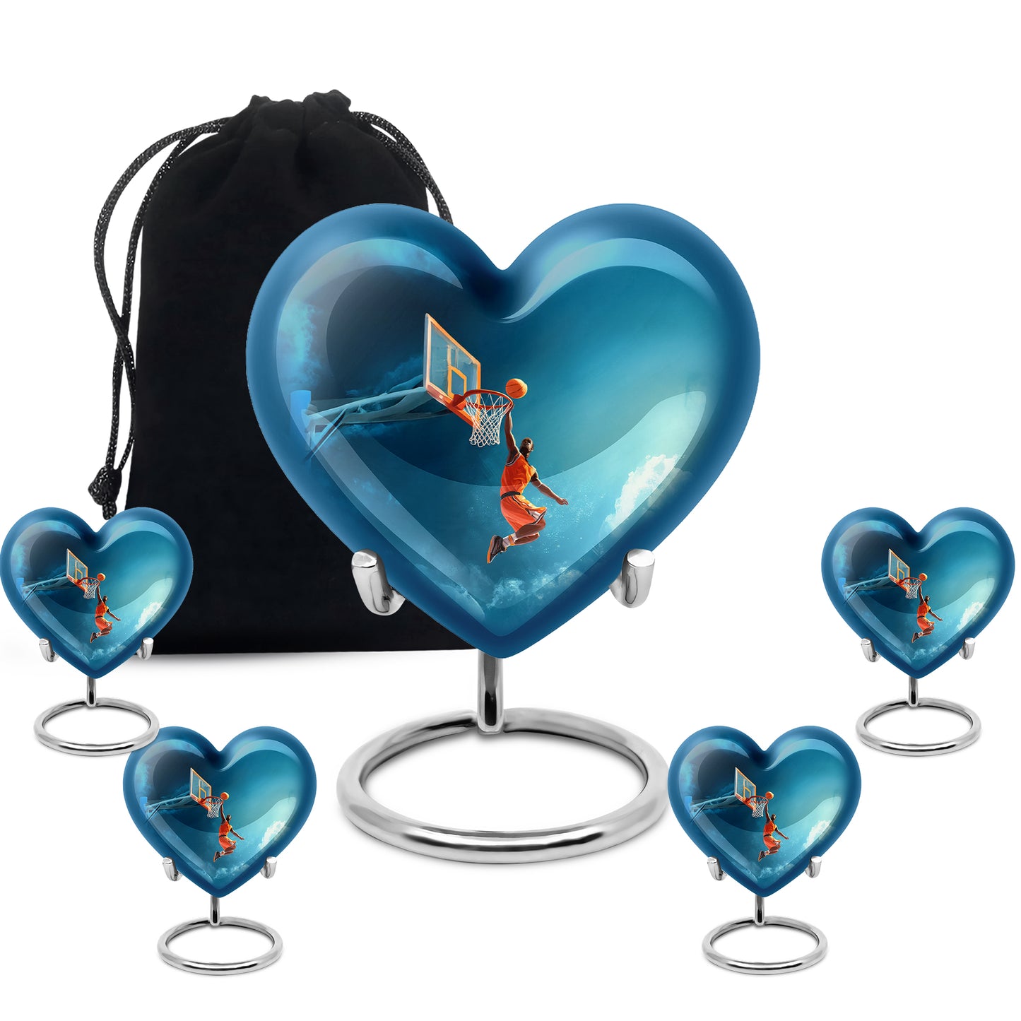 Cobalt Blue Basketball Cremation Urn close-up of engraving and surface detail - romantic heart urn with basketball motif on aluminum - memorial set with one large and four small urns