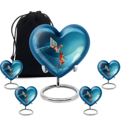 Cobalt Blue Basketball Cremation Urn close-up of engraving and surface detail - romantic heart urn with basketball motif on aluminum - memorial set with one large and four small urns