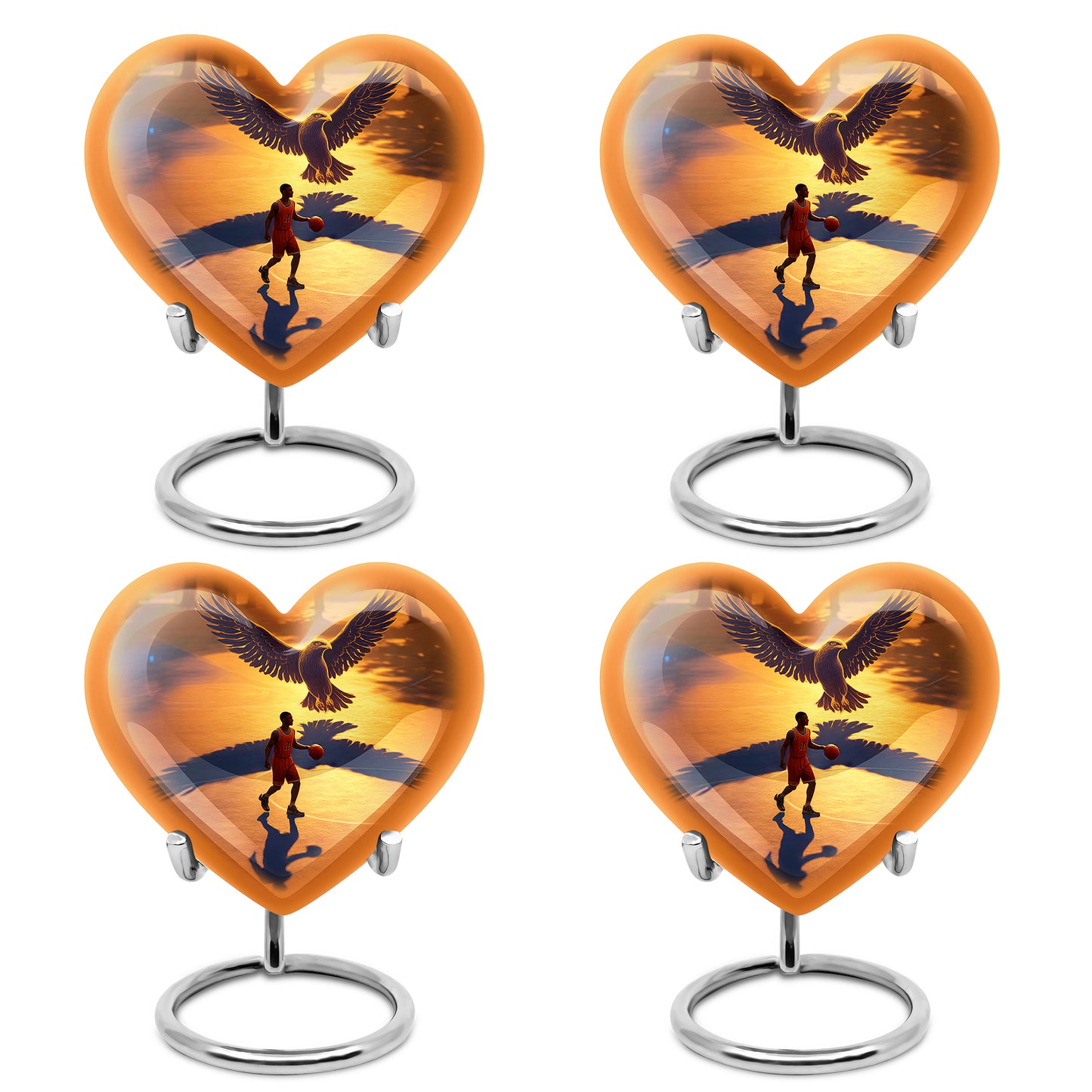 Warm Gold Basketball Cremation Urn angled view of lid and engraved motif - romantic heart urn with basketball motif on aluminum - 10 inch aluminum urn for cremated remains