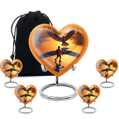 Champagne Gold Basketball Cremation Urn close-up of engraving and surface detail - heart-shaped basketball design symbolizing eternal love - memorial set with one large and four small urns