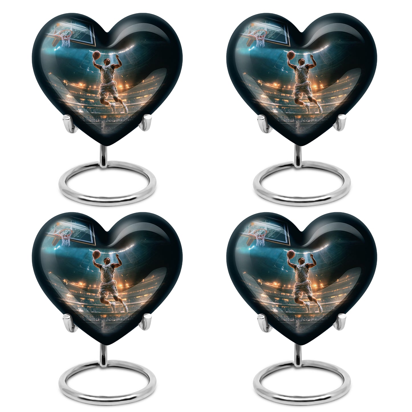 Aqua Teal Basketball Cremation Urn angled view of lid and engraved motif - romantic heart urn with basketball motif on aluminum - 10 inch aluminum urn for cremated remains