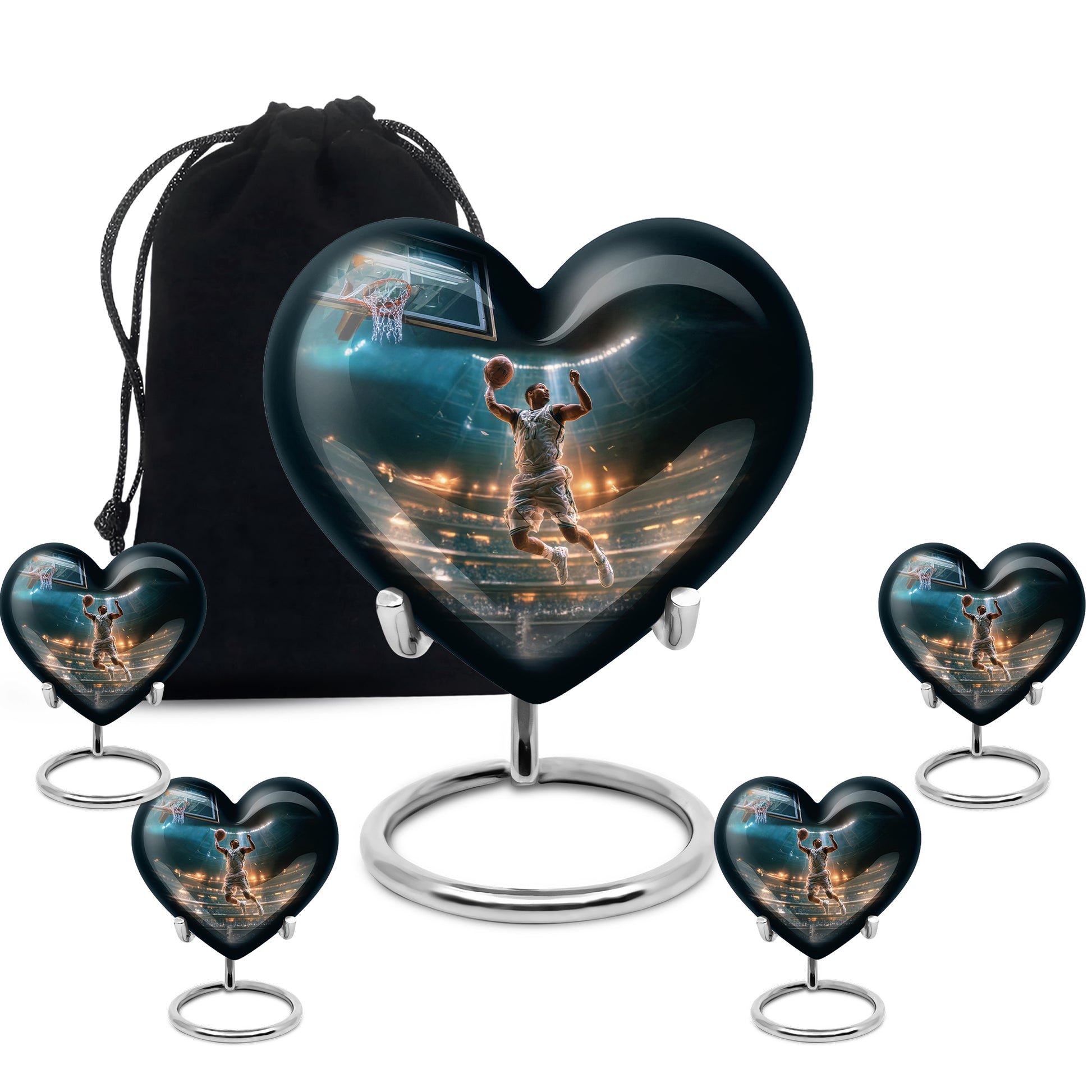 Jewel Teal Basketball Cremation Urn close-up of engraving and surface detail - heart-shaped basketball design symbolizing eternal love - memorial set with one large and four small urns