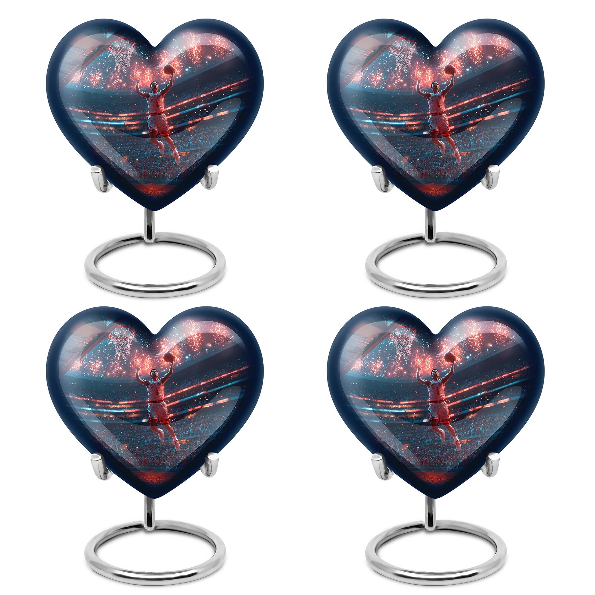 Cornflower Blue Basketball Cremation Urn angled view of lid and engraved motif - romantic heart urn with basketball motif on aluminum - 10 inch aluminum urn for cremated remains