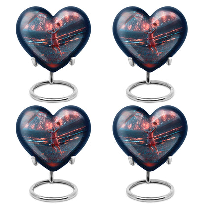 Cornflower Blue Basketball Cremation Urn angled view of lid and engraved motif - romantic heart urn with basketball motif on aluminum - 10 inch aluminum urn for cremated remains