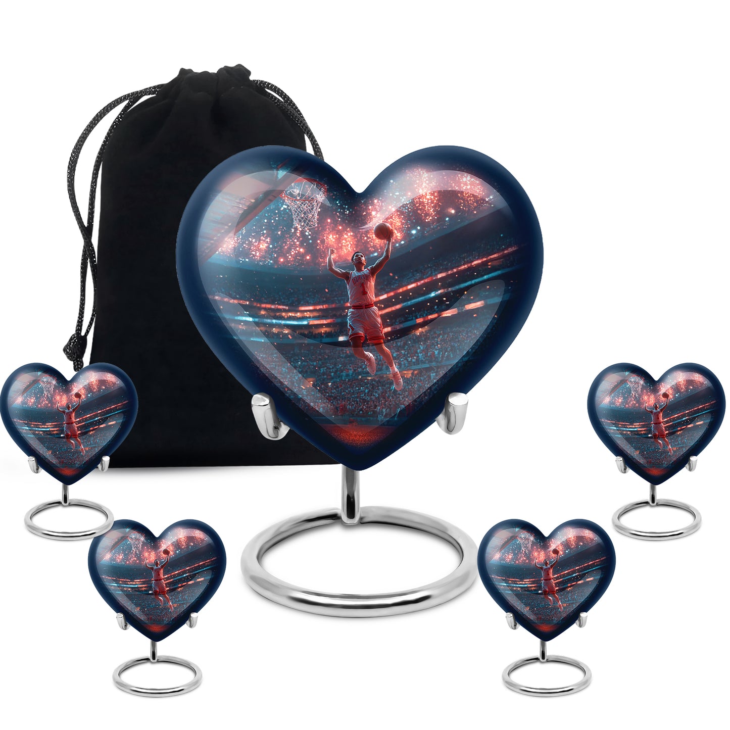 Steel Blue Basketball Cremation Urn close-up of engraving and surface detail - compassionate heart-basketball combination with gentle curves - memorial set with one large and four small urns