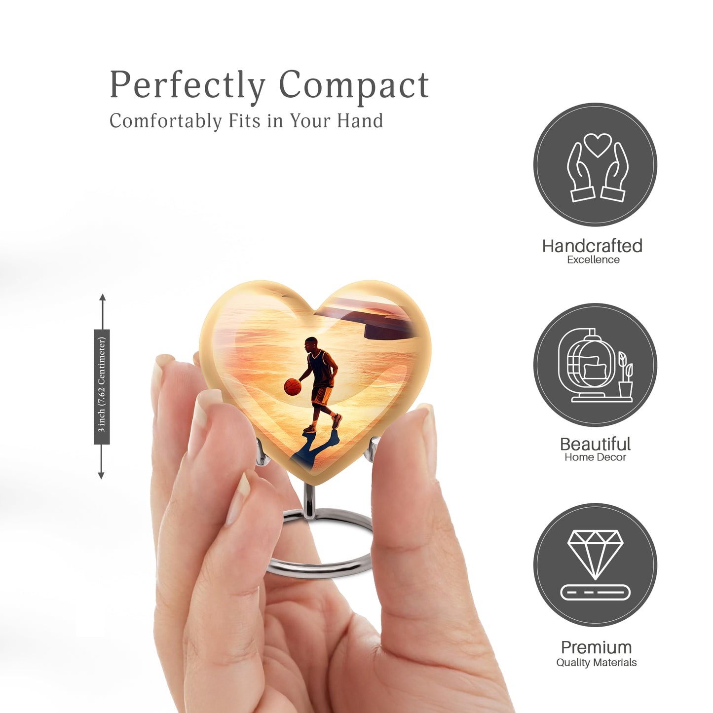Champagne Gold Basketball Cremation Urn front view showing detailed design - heart-shaped basketball design symbolizing eternal love - mini keepsake memorial for portion of cremation ashes
