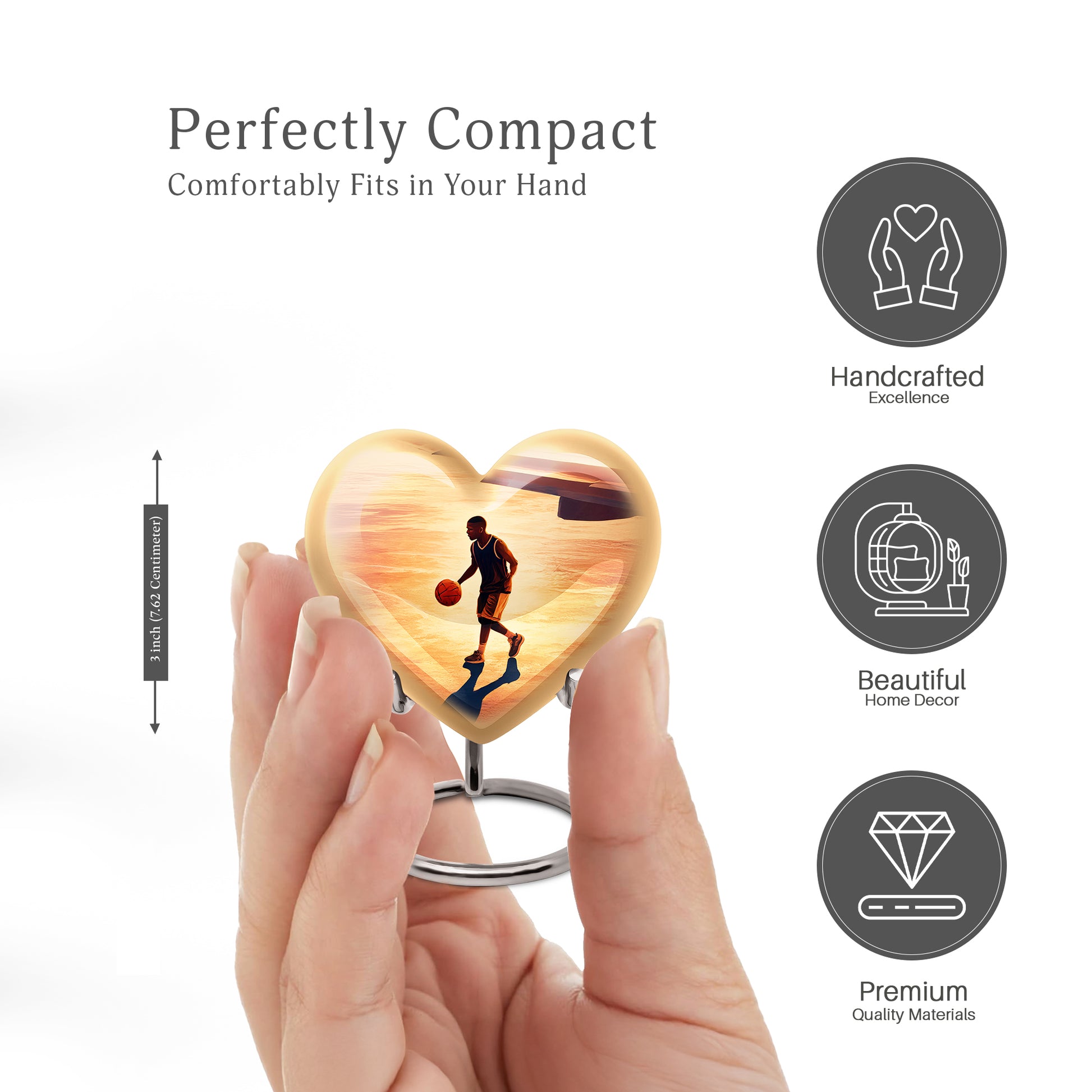 Champagne Gold Basketball Cremation Urn front view showing detailed design - heart-shaped basketball design symbolizing eternal love - mini keepsake memorial for portion of cremation ashes