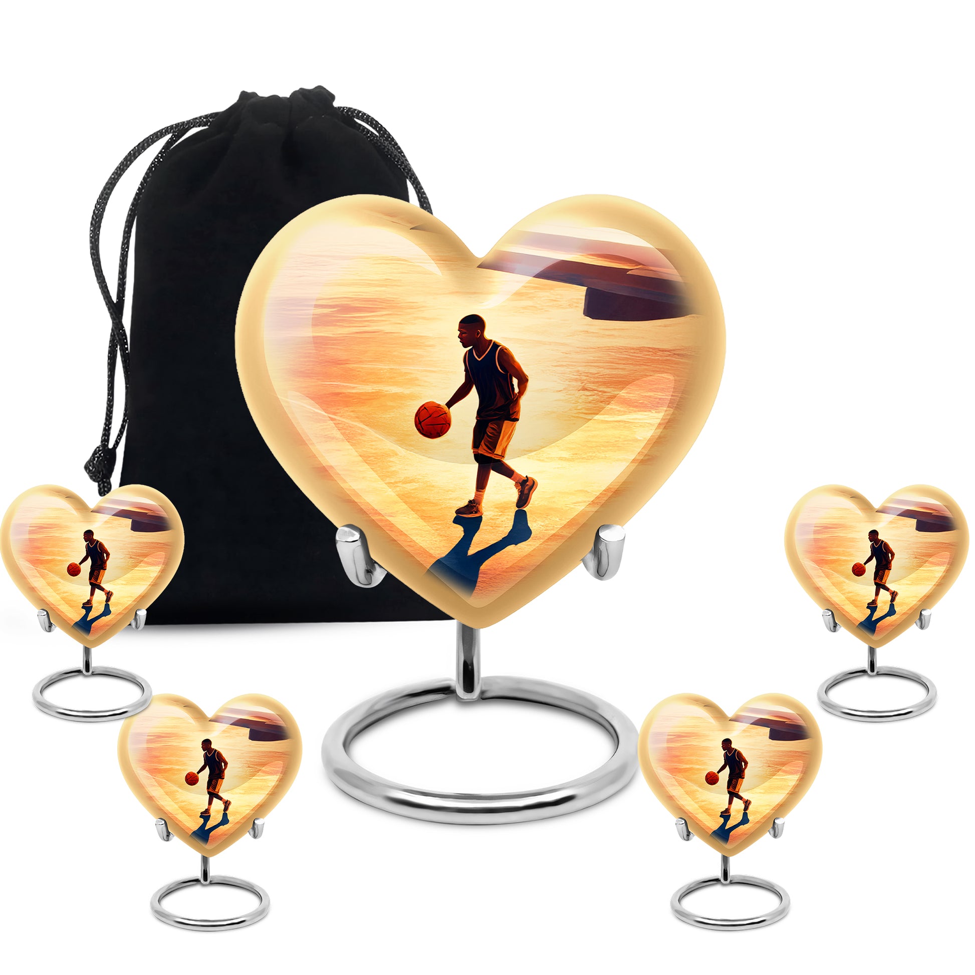 Champagne Gold Basketball Cremation Urn close-up of engraving and surface detail - loving heart memorial featuring basketball pattern - memorial set with one large and four small urns