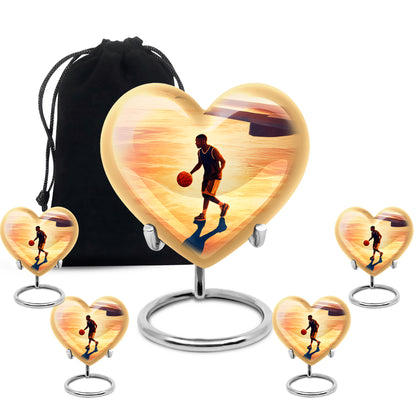 Champagne Gold Basketball Cremation Urn close-up of engraving and surface detail - loving heart memorial featuring basketball pattern - memorial set with one large and four small urns