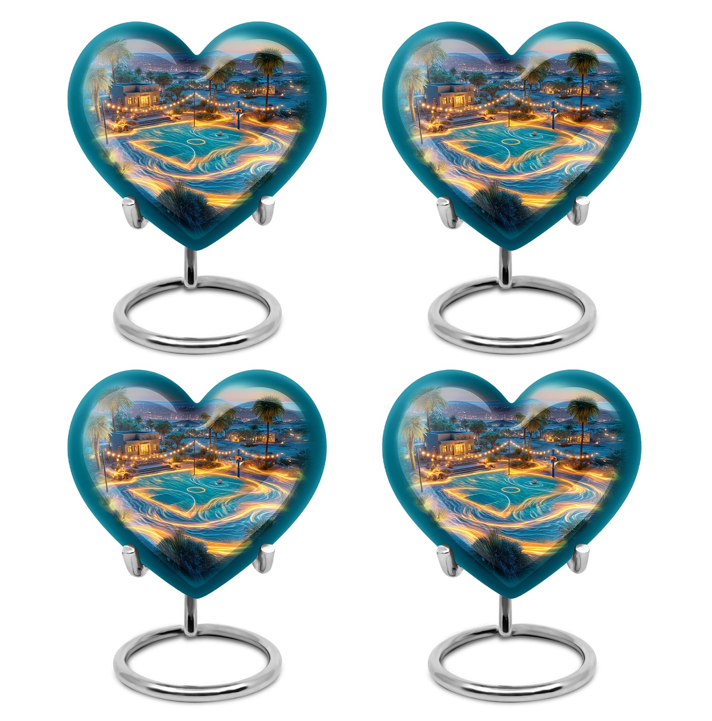 Cornflower Blue Basketball Cremation Urn angled view of lid and engraved motif - romantic heart urn with basketball motif on aluminum - 10 inch aluminum urn for cremated remains