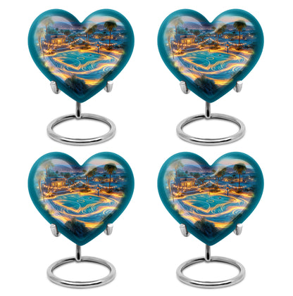 Cornflower Blue Basketball Cremation Urn angled view of lid and engraved motif - romantic heart urn with basketball motif on aluminum - 10 inch aluminum urn for cremated remains